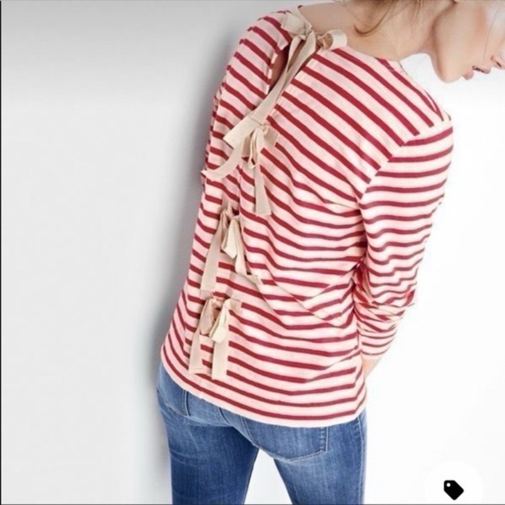 J.Crew Red Stripe Back Bows Long Sleeve Tee Top Shirt